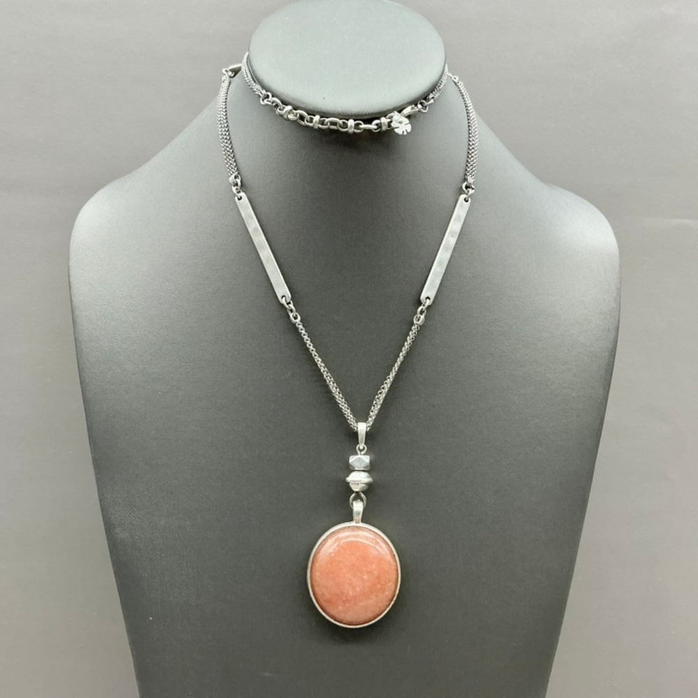 Lucky Brand Necklace Women Silver Pink Stone Round Pendant Multi Chain Boho